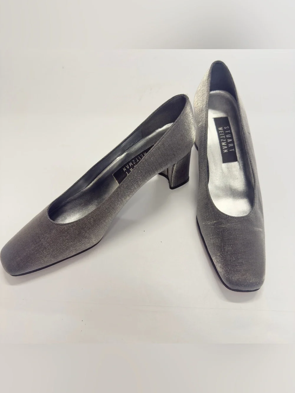 Vintage 90s Stuart Weitzman 'Anna' Pewter Metallic Block Heel Pumps Size 7